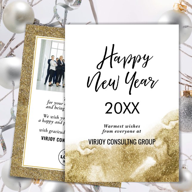 Elegant Script Festive Guld Glitter Business Photo Julkort (Skapare uppladdad)