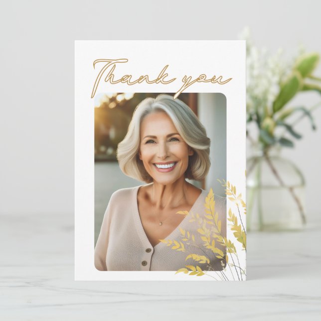 Elegant Script Foliage Photo Birthday Tack Kort (Stående Fram)