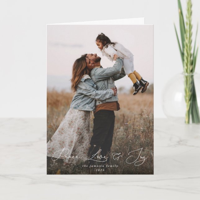 Elegant Script Font Fred Kärlek+Glädje Jul Foto Kort (Framsida)