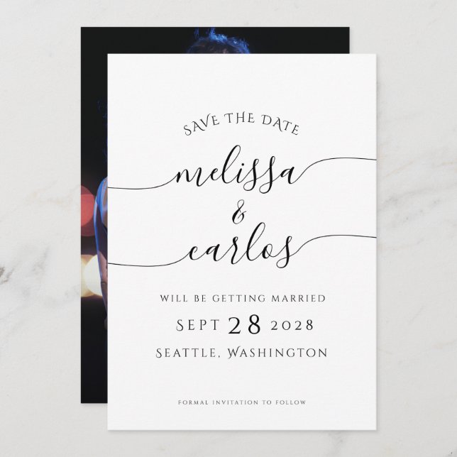 Elegant Script Förlovning Foto Enkel Spara Da Spara Datumet (Fram/baksida)