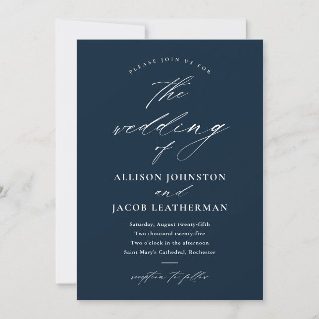 Elegant Script Foto Navyblå Bröllop Inbjudningar (Framsida)