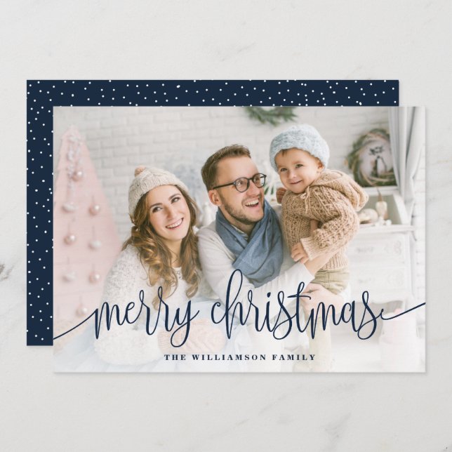 Elegant Script Fullt Photo God jul Navy Julkort (Fram/baksida)