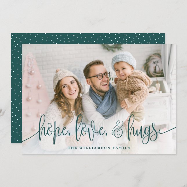 Elegant Script Fullt Photo Hope Kärlek Hugs Grönt Julkort (Fram/baksida)