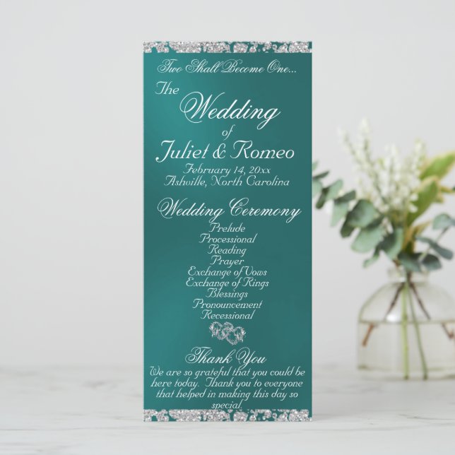 Elegant Script & Glitter - Teal Bröllop Program (Stående Fram)