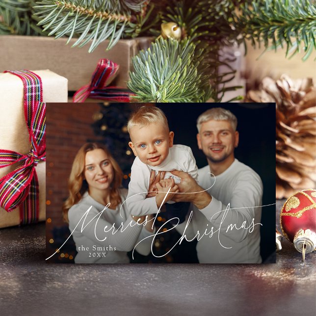 Elegant Script God Jul Familjefoto Julkort (Elegant Script Merry Christmas Family Photo Holiday Card)