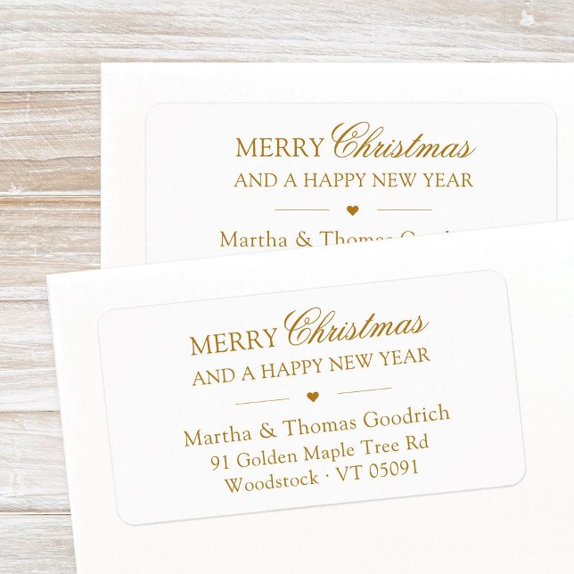 Elegant Script God jul Guld Returadress Adressetikett (Simple, Elegant Merry Christmas and a Happy New Year return address label with small golden heart.)