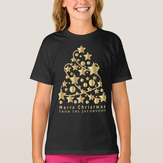 Elegant Script God jul Guld Star Black T Shirt (Framsida)