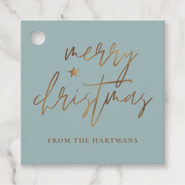 Elegant Script God jul Guld Star Lite Lite Teal Gåvor Etiketter (Framsida)