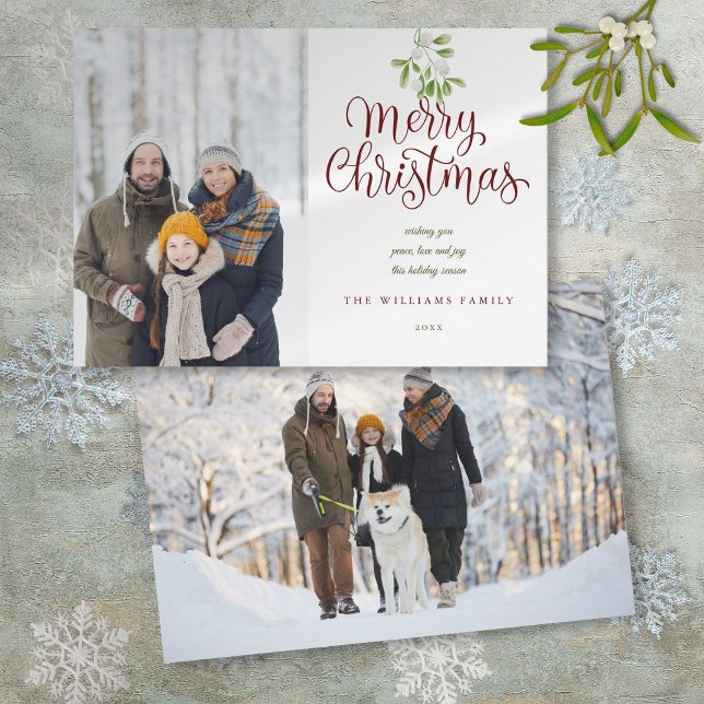 Elegant Script God jul Mistletoe 2 Photo Julkort (Elegant Script Merry Christmas Mistletoe 2 Photo Holiday Card)