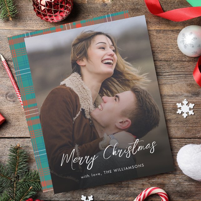 Elegant Script God jul Wilson Tartan Photo Anteckningskort (Elegant Script Merry Christmas Wilson Tartan Photo Note Card)