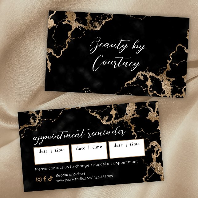 Elegant Script Gold & Black Marble Beauty Salon Tidsbeställning Kort (Modern black marble and gold appointment cards )