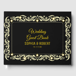 Elegant Script Golden Luxury Blommigt Black Bröllo Gästböcker