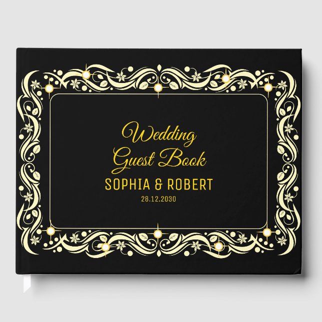 Elegant Script Golden Luxury Blommigt Black Bröllo Gästböcker (Framsida)