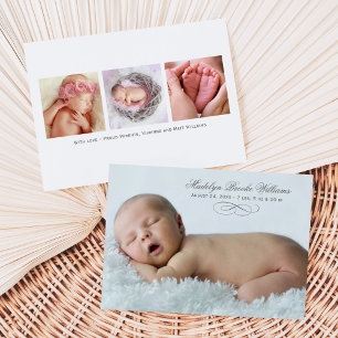 Elegant Script Grå Baby Flerfoto Födelse Meddelande