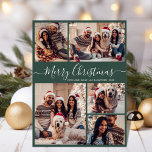 Elegant Script Grönt 5 Photo Collage jul Julkort<br><div class="desc">Simple Modern Elegant Calligraphy Grönt 5 Photo Collage God jul Script Helgdag Card. Den här snygga, visuella, minimalistiska, fem (5) fotokortmallen Julhälsningar ett vackert rutnätsfotokollage och säger "God jul"! Texten "God jul" hälsning är skriven i ett vackert handskript som snabbt byts ut mot det vita typsnittet svan på grönten av...</div>