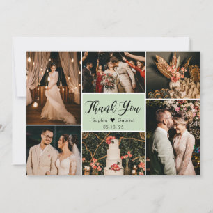 Elegant Script Grönt Bröllop Multi Photo Collage Tack Kort