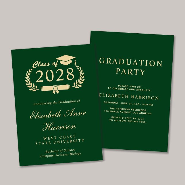 Elegant Script Grönt College Graduation Party Inbjudningar (An elegant college graduation announcement to celebrate the graduate's achievements)