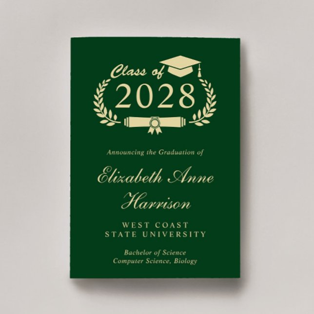 Elegant Script Grönt Guld College Graduation Meddelande (An elegant college graduation announcement to celebrate the graduate's achievements)