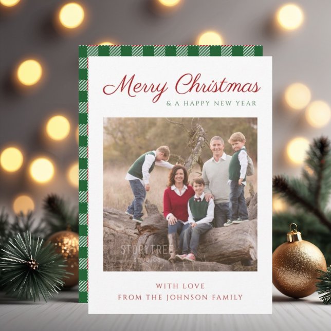 Elegant Script Grönt Pput-julfoto Julkort (Elegant Script Green Plaid Christmas Photo Holiday Card)