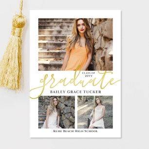 Elegant Script Guld 3-Photo Collage Studenten Meddelande