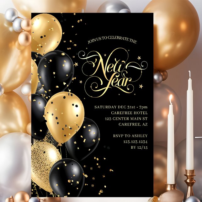 Elegant Script Guld Black-Nyårsafton Inbjudningar (Skapare uppladdad)