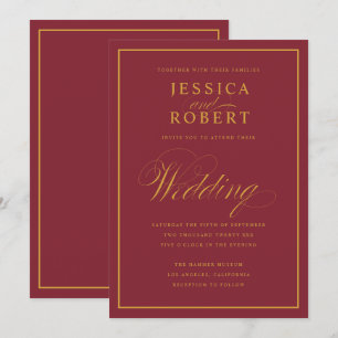 Elegant Script Guld Gräns Merlot Burgundy Bröllop Inbjudningar