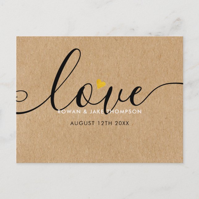Elegant Script Guld Heart Tack Rustic Kraft Vykort (Framsida)