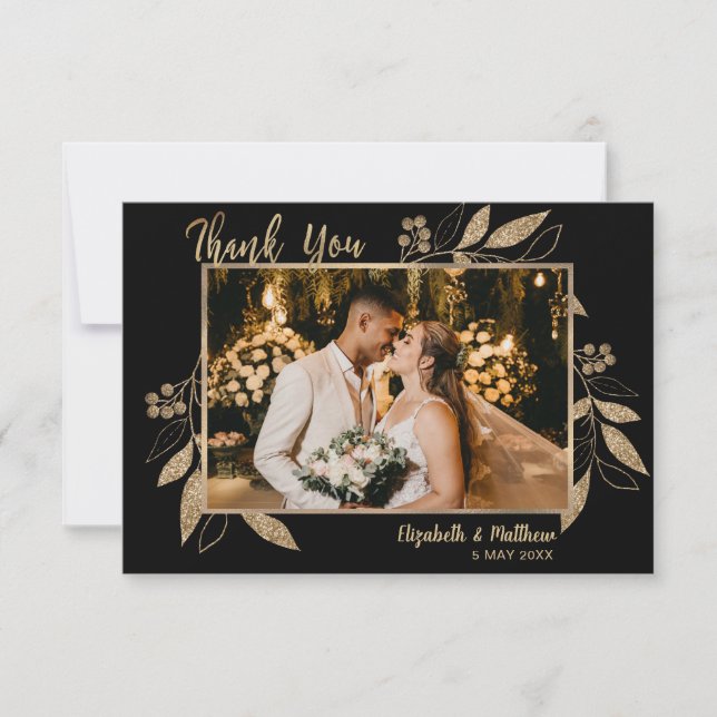 Elegant Script Guld Löv - tackkort för foto Tack Kort (Framsida)