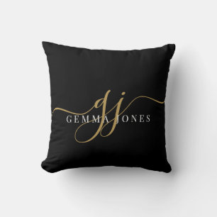 Elegant Script Guld Monogram Initialer Namn Black Kudde