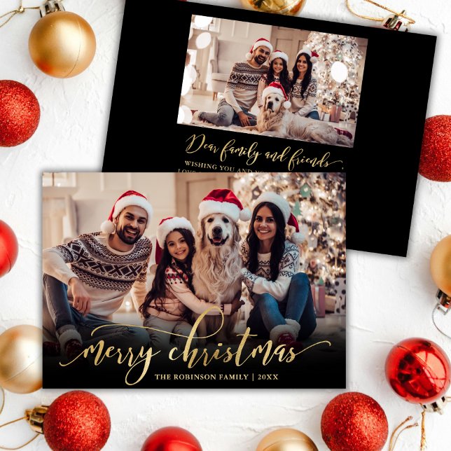 Elegant Script Guld Script Black 2 Photo jul Julkort (Skapare uppladdad)