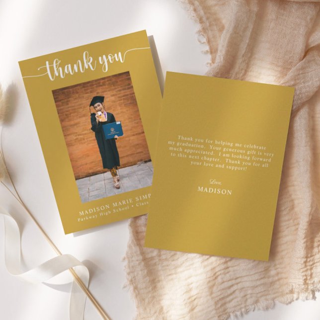 Elegant Script Guld Studenten Photo Tack Anteckningskort (Skapare uppladdad)
