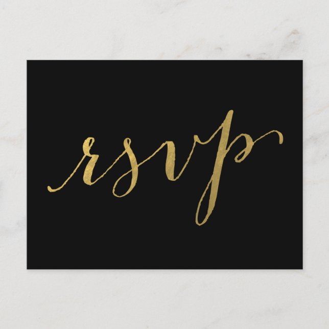 Elegant Script Guld Svart Bröllop RSVP Inbjudan Vykort (Framsida)