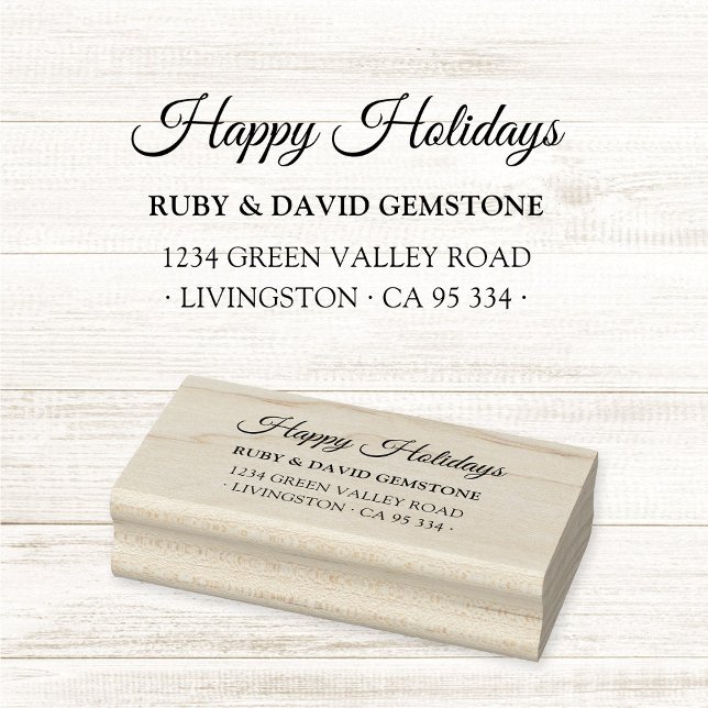 Elegant Script Happy Holidays Return Address  Stämpel (Elegant classic script Happy Holidays Christmas return address rubber stamp.)