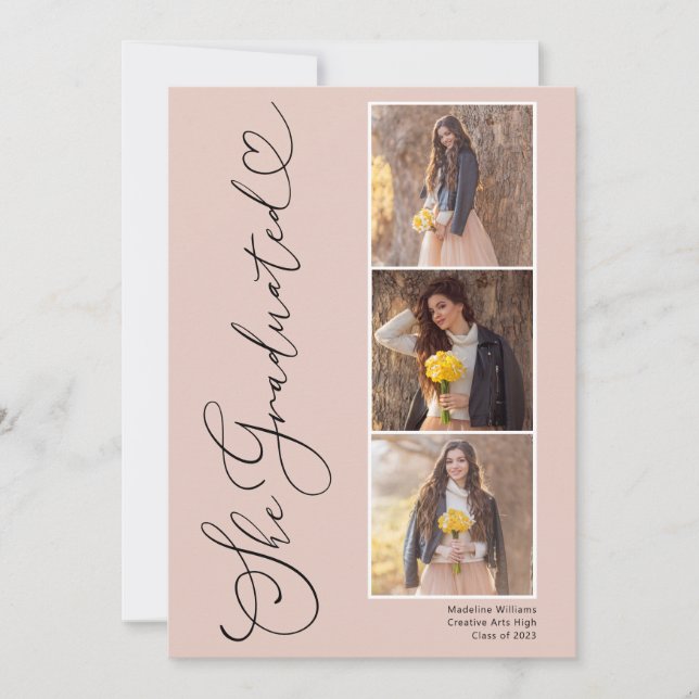 Elegant Script Heart 3 Photo Studenten Announceme Meddelande (Framsida)