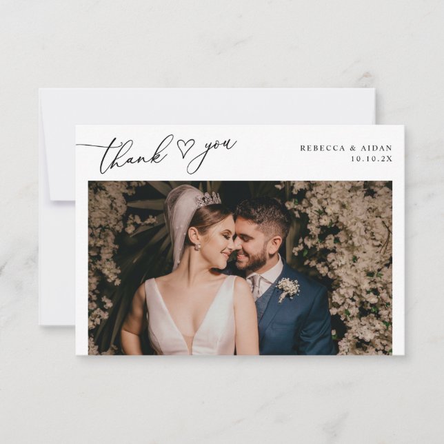Elegant Script Heart Greenery Bröllop Photo Tack Kort (Framsida)
