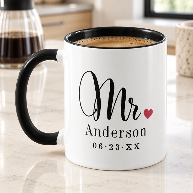 Elegant Script Heart Personligt bröllp Monogram Mugg (Skapare uppladdad)