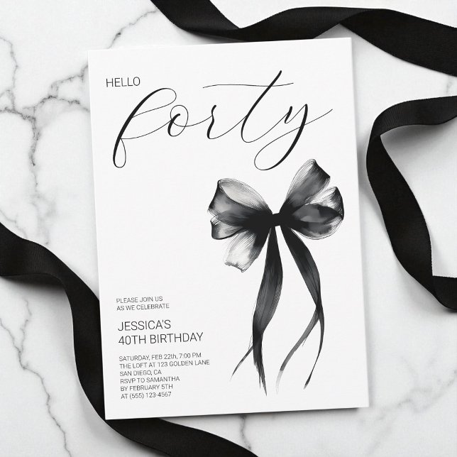 Elegant Script Hello Forty Bow 40-årsfest Inbjudningar (Elegant Script Hello Forty Bow 40th Birthday Party Invitation)