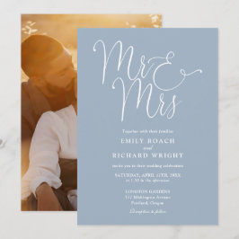 Elegant Script Herr och fru Foto Dusty Blue Bröllo Inbjudningar