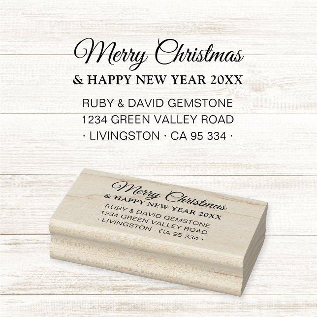 Elegant Script Holiday Return Address  Stämpel (Modern and elegant classic script Merry Christmas & Happy New Year return address rubber stamp.)