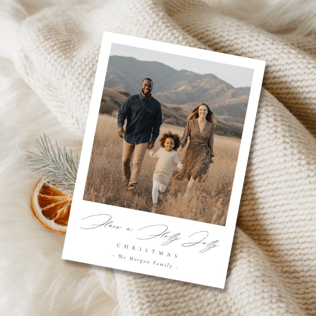 Elegant Script Holly Jolly Christmas Rustic Photo Julkort (Skapare uppladdad)