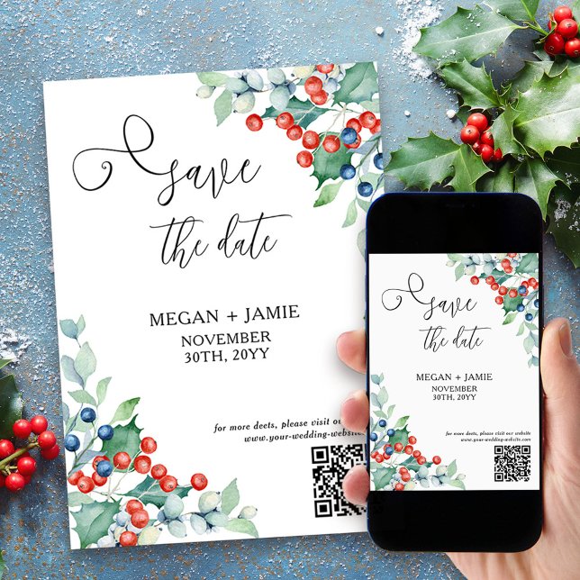 Elegant Script Holly och Winter Berries Spara Datumet (Save the Date with Holly and Winter Berries for holiday season engagement or winter wedding)