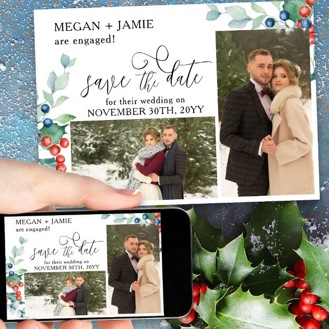 Elegant Script Holly Winter Berries 2 Foto Spara Datumet (Winter engagement announcement save the date from Winter Berries Wedding suite)