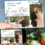 Elegant Script Holly Winter Berries 2 Photo Spara Datumet<br><div class="desc">Förlovningens meddelande och Spara datum med anpassningsbar,  vattenfärgsdesign och kalligrafi av eleganten. Den här konstruktionen har vinterbär,  holly,  gräs och evergreen grey. Ett vackert val för en vinterkungörelse eller en julklapp i bröllop.. förlovningen.. Sök efter koordinerande inbjudningar,  skrivbord och händelsemedjor i min Winter Berries-samling i Bröllop.</div>