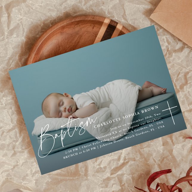 Elegant Script Infant Fotokatolsk benbildning Inbjudningar (Skapare uppladdad)
