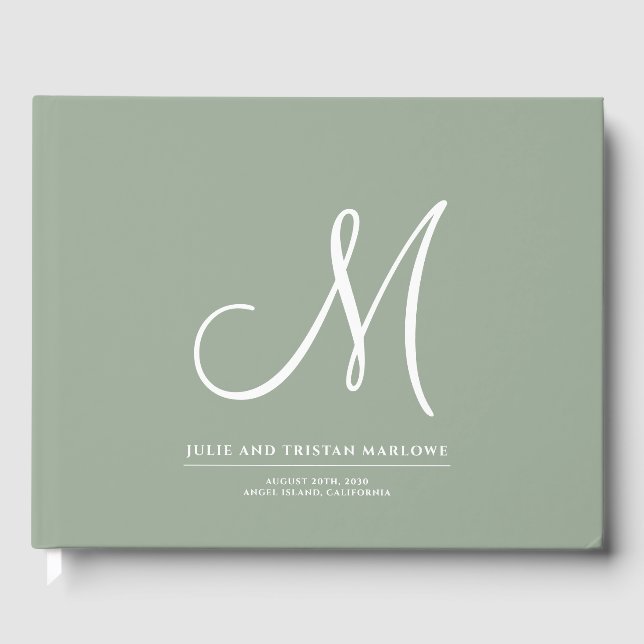 Elegant Script Initial Bröllop Monogram Sage Grönt Gästböcker (Framsida)