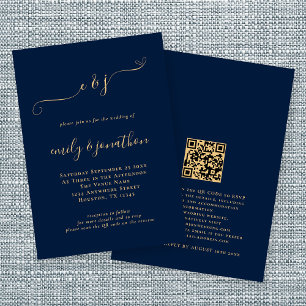 Elegant Script Initialer Navy Guld QR Code Bröllop Inbjudningar