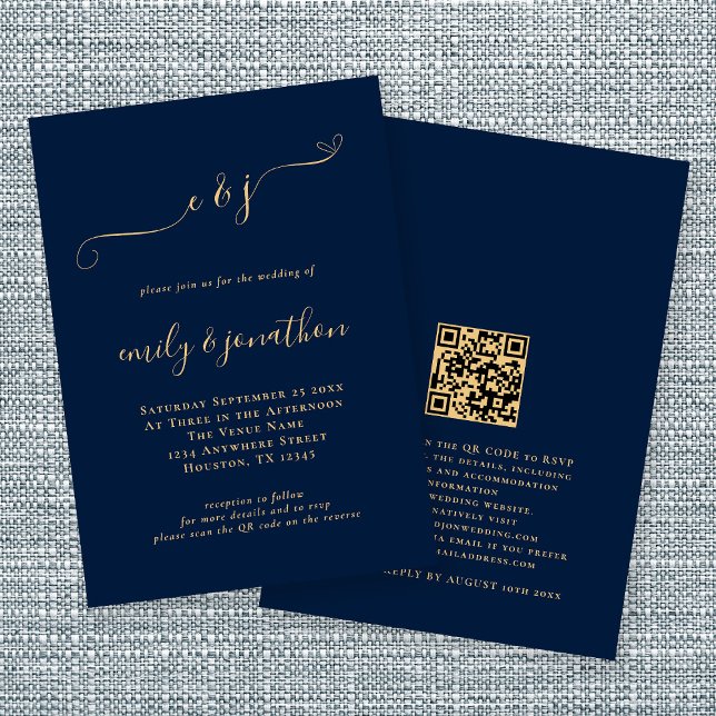 Elegant Script Initialer Navy Guld QR Code Bröllop Inbjudningar (Skapare uppladdad)
