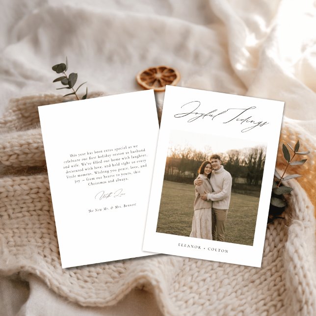 Elegant Script Joyful Tiding Boho Newlywed Photo Julkort (Skapare uppladdad)