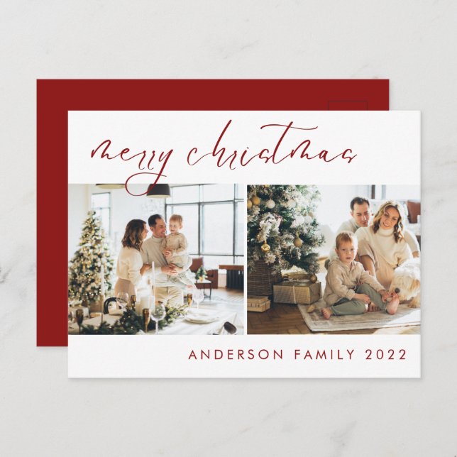 Elegant Script-jul Hälsning | Rött vykort (Fram/baksida)