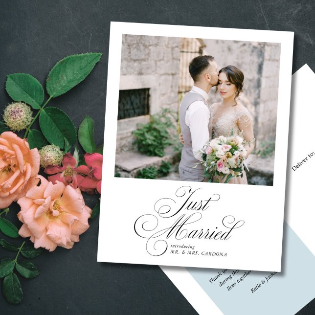 Elegant Script Just Married Elopement Photo Announ Meddelande Vykort (Skapare uppladdad)